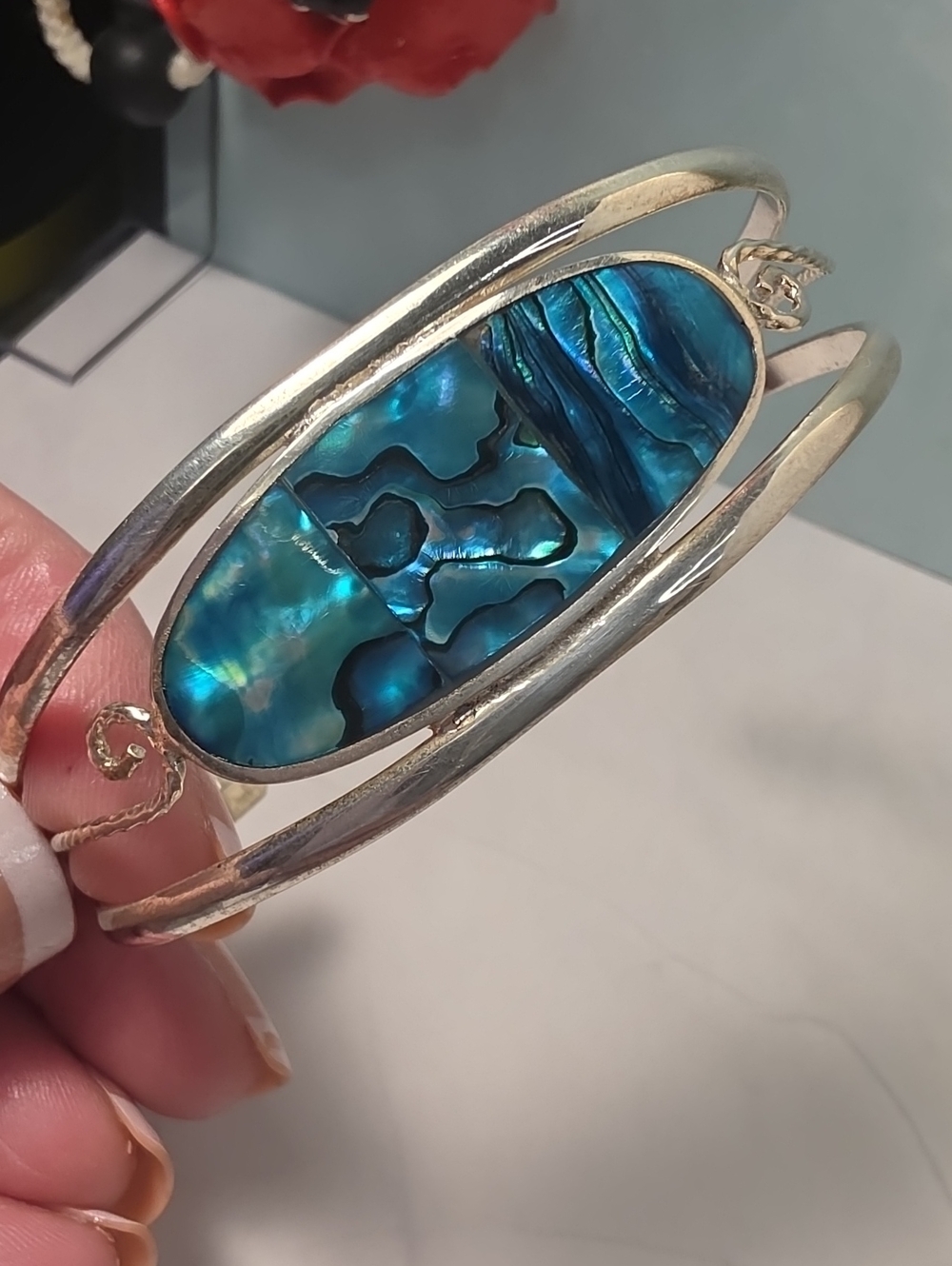 Abalone Inlay Silver Cuff Bracelet in Blue